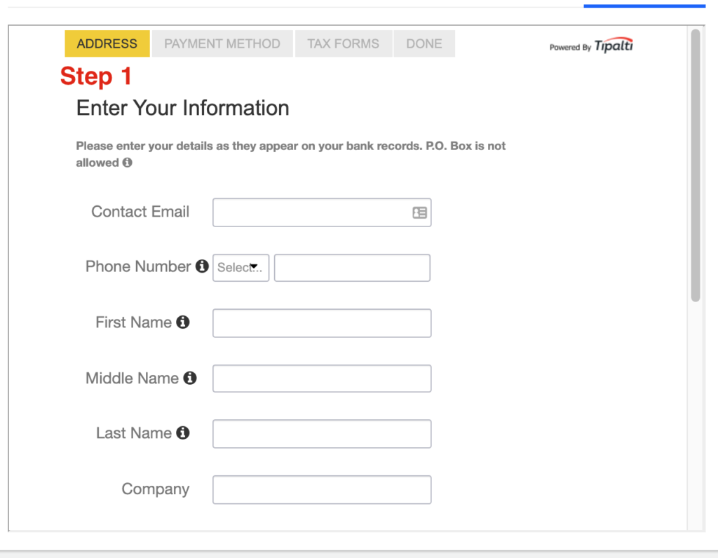 Screenshot showing the address form found under the address tab in the payment section of the Platform. 